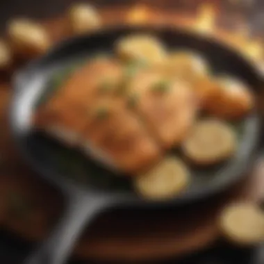 A close-up of a frying pan with perfectly cooked fish.