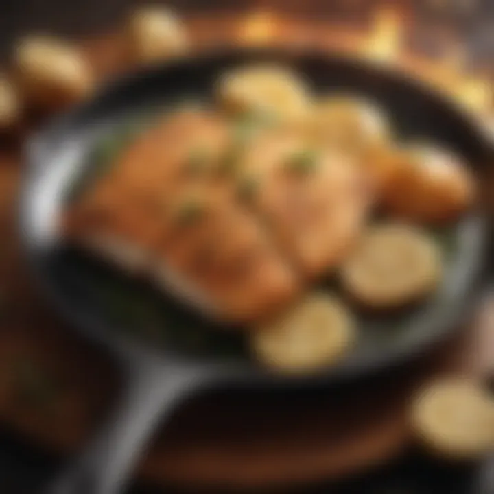 A close-up of a frying pan with perfectly cooked fish.