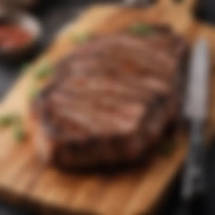 A perfectly seared ribeye steak resting on a wooden cutting board