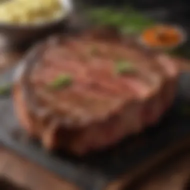 A ribeye steak being seasoned with spices and herbs