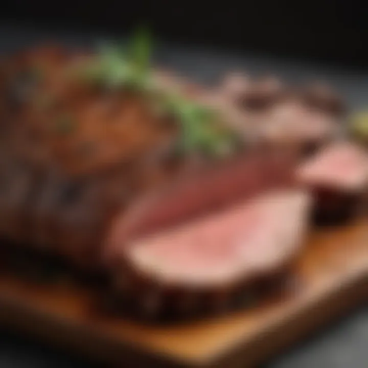 A mouthwatering plated tri-tip steak garnished with herbs