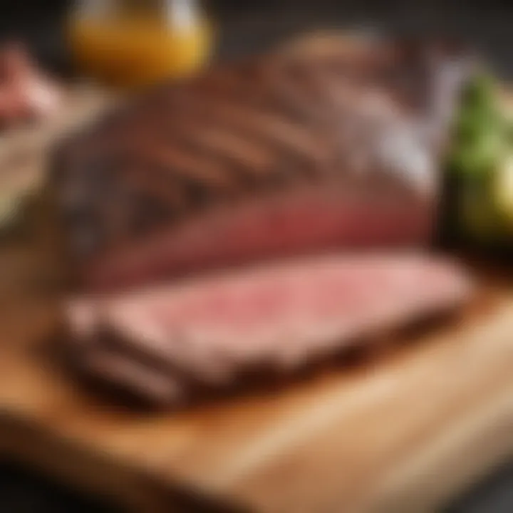 A beautifully marbled tri-tip steak ready for selection