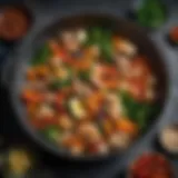 A beautifully arranged wok filled with vibrant vegetables and seafood, ready for steaming.