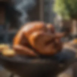 Whole turkey on a gas grill with smoke rising