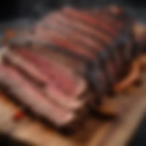 Close-up view of beautifully smoked beef ribs on a wooden board