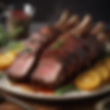 Presentation of Perfectly Smoked Beef Ribs A platter of finished smoked beef ribs garnished with herbs