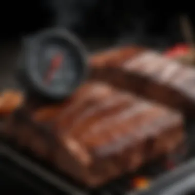 Thermometer displaying ideal smoking temperature for beef ribs