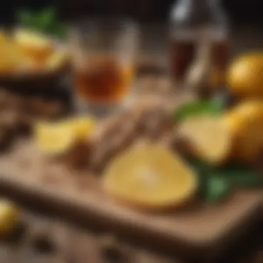 Fresh ginger root and citrus fruits on a wooden board