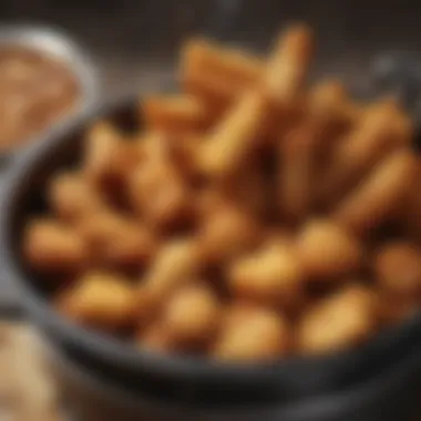 A basket filled with crispy fried items beside a deep fryer