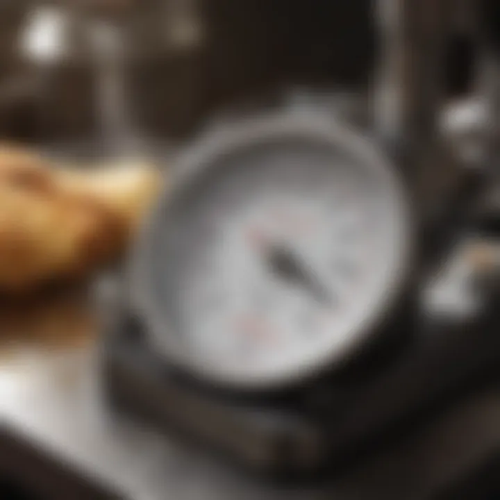 A thermometer measuring oil temperature in a fryer