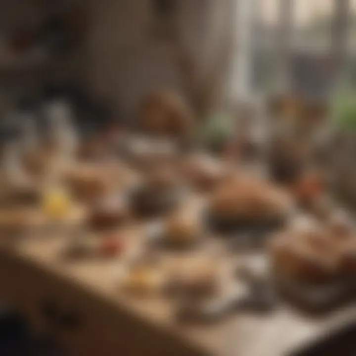 A pastry chef's workstation adorned with tools and ingredients