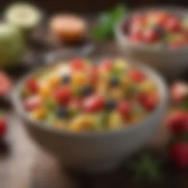 Refreshing Fruit Salad A delightful fruit salad featuring melons, berries, and gentle herbs in a rustic bowl
