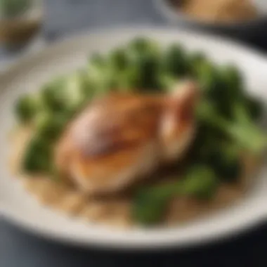 Grilled Chicken with Quinoa and Broccoli A plate of grilled chicken garnished with herbs and served with quinoa and steamed broccoli