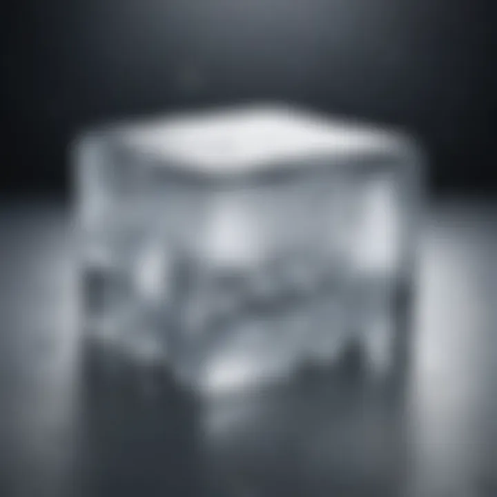Pristine block of clear ice glistening under light