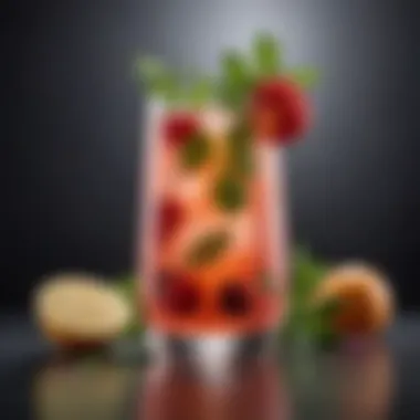 A refreshing mocktail garnished with fresh herbs and fruits.