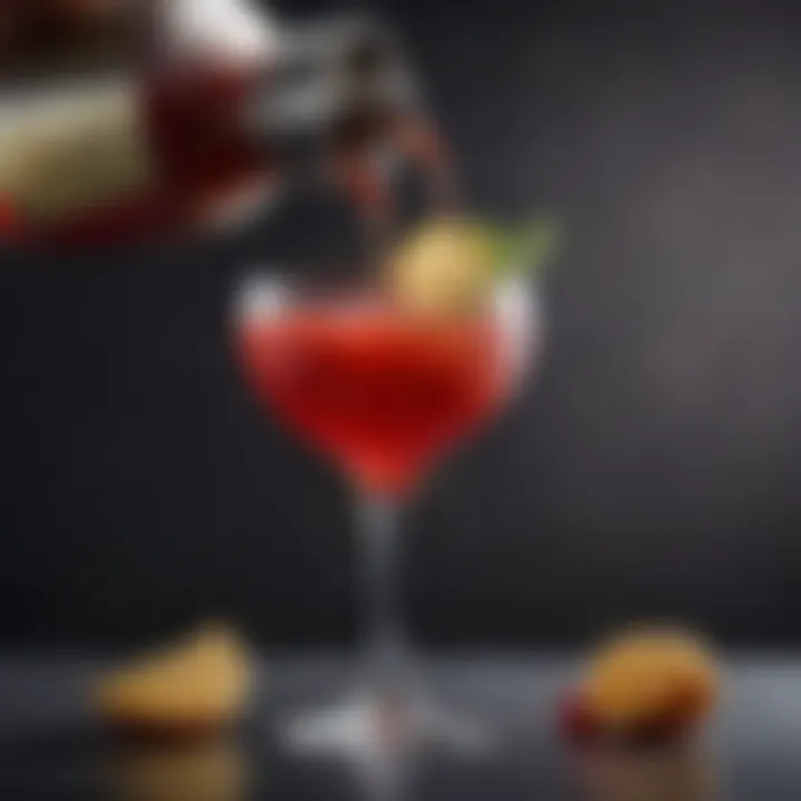 A vibrant cocktail being poured into a glass.
