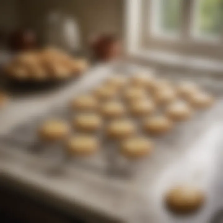 A beautifully styled kitchen setting with Mrs. Fields butter cookies cooling on a rack, representing a warm baking environment.