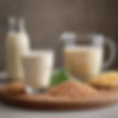 A glass of soy milk with soybeans in the background