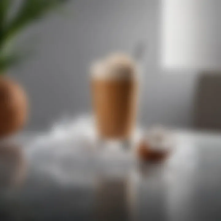 A refreshing glass of Nespresso Coconut Over Ice coffee with coconut flakes on top.