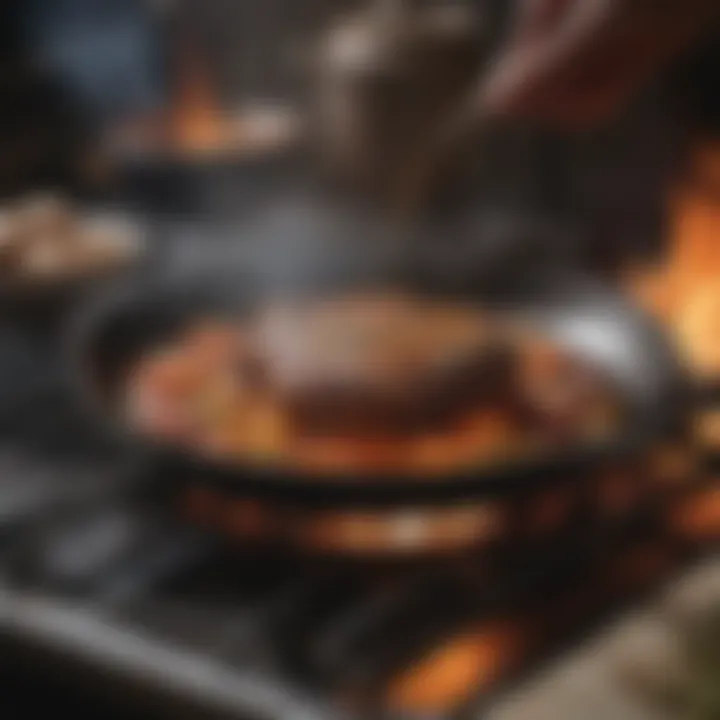 A close-up view of a Nordic pan being used over a flame for traditional cooking