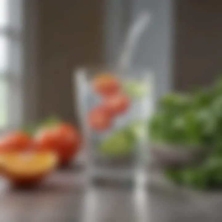 A glass of water alongside fresh produce symbolizing hydration