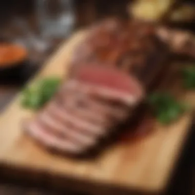 Sliced tri tip served on a rustic wooden board