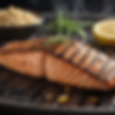 Grilled salmon on a barbecue with grill marks