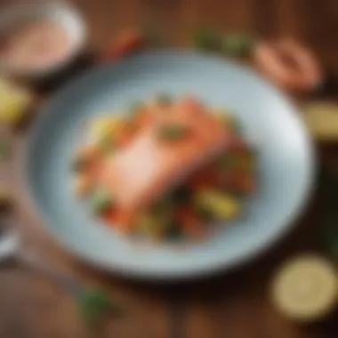 Elegant Poached Salmon Presentation Poached salmon elegantly plated with vegetables