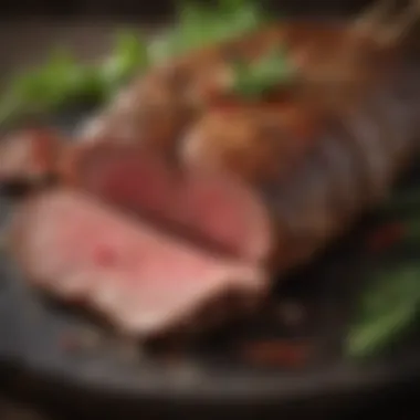 A close-up of elk meat being seasoned with herbs and spices