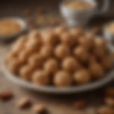 Deliciously Arranged Power Balls Peanut butter power balls arranged neatly on a platter with nuts scattered around.
