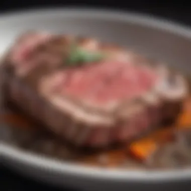 Close-up of perfectly cooked steak emerging from sous vide bath