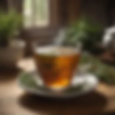 A Warm Cup of Pine Needle Tea in a Rustic Setting A cup of steaming pine needle tea on a wooden table