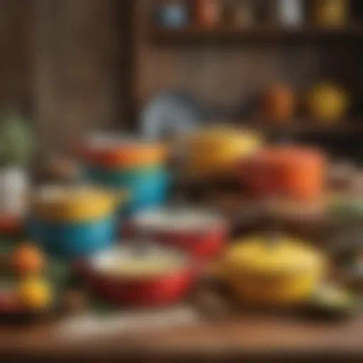 Colorful Pioneer Woman enamel cookware collection on display