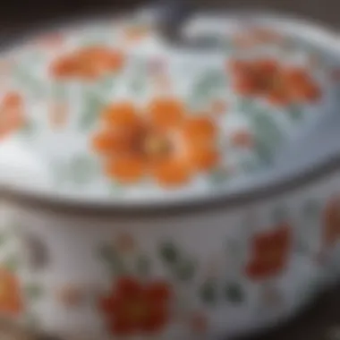 Intricate Floral Details on Enamel Cookware Close-up of enamel finish showcasing intricate floral designs