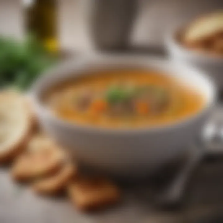 A beautifully plated progressive lentil soup garnished with herbs and a drizzle of oil.