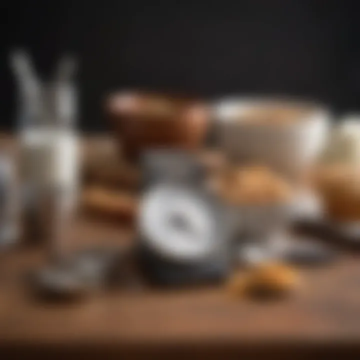 A close-up of a precision scale alongside measuring cups and spoons for baking