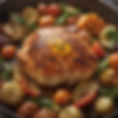 Oven-Baked Flavor Explosion Oven-baked chicken breast garnished with vegetables