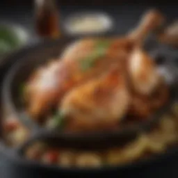 Sizzling chicken breast on a skillet with herbs and spices