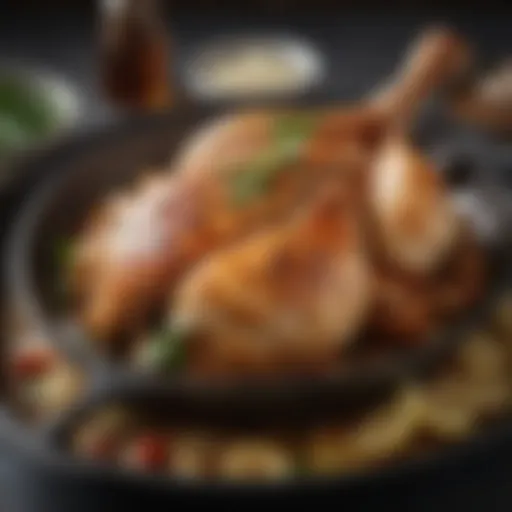 Sizzling chicken breast on a skillet with herbs and spices