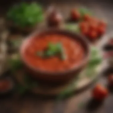 A bowl of vibrant red sauce with herbs