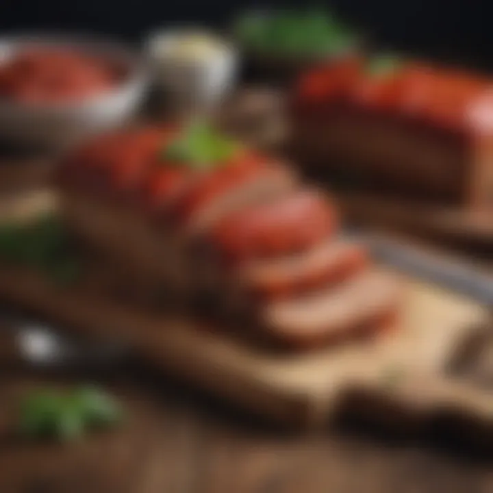 An array of meatloaf variations displayed on a rustic wooden table