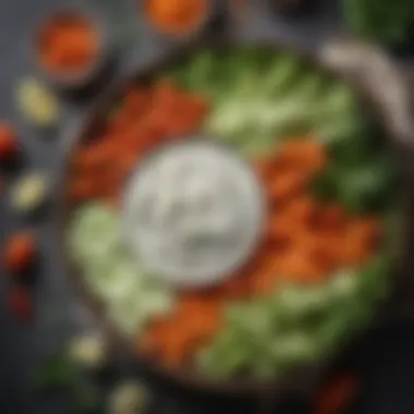 An artistic arrangement of ranch dressing and fresh vegetables