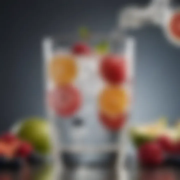 A close-up of refreshing hard seltzer poured into a glass with fruit garnishes