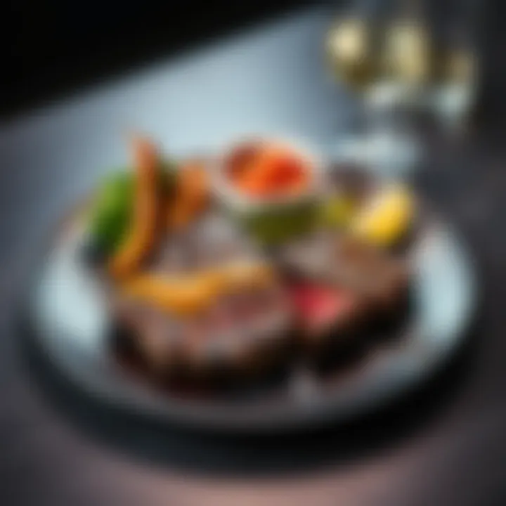 An elegant plate displaying both ribeye and strip steak with gourmet sides.