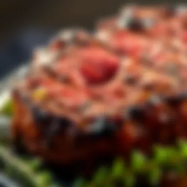 Close-up of a perfectly seared ribeye steak, showcasing its texture.