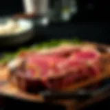 A beautifully marbled ribeye steak on a wooden cutting board.