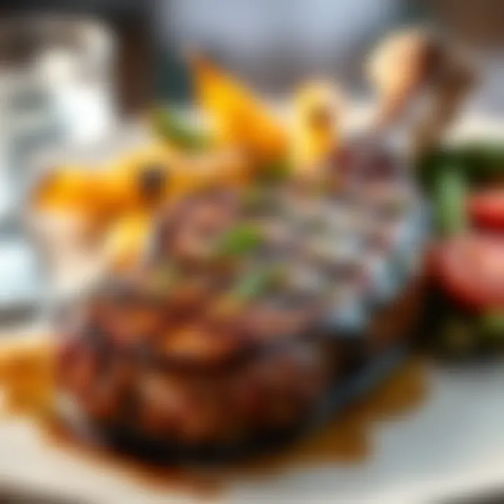 Juicy strip steak served with fresh herbs and a side of grilled vegetables.