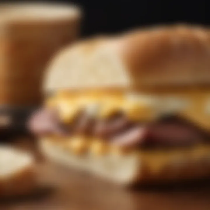 A close-up of a sausage, egg, and cheese sandwich on a warm roll, showcasing the delicious layers