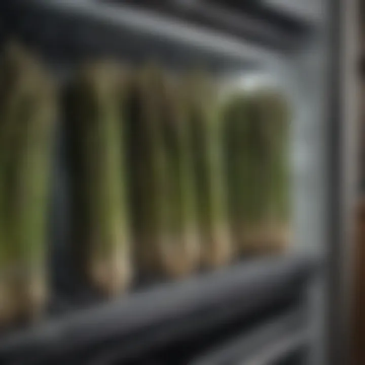 A fridge stocked with fresh vegetables, highlighting asparagus storage