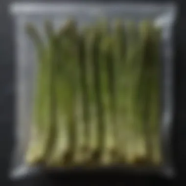 Frozen asparagus in a sealed bag, showcasing preservation method